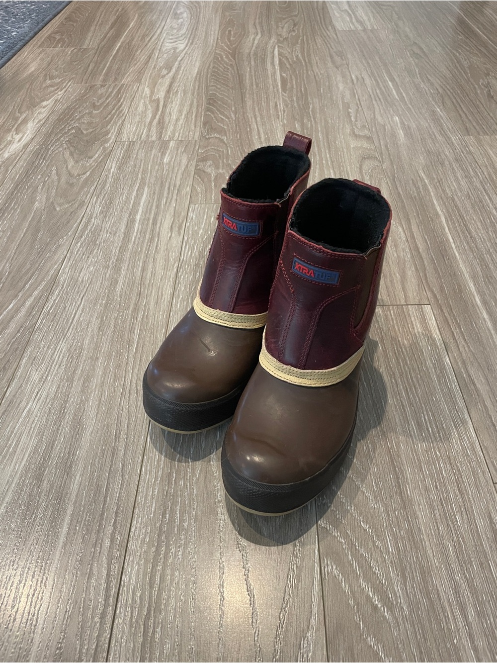 XTRATUF Womenβs Waterproof Brown & Burgundy Pull-On Rain Boots